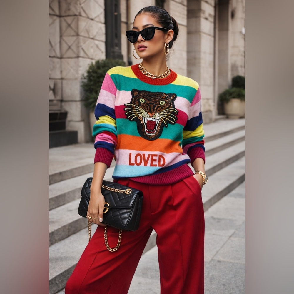 Rainbow Sequin Tiger Sweater – Statement Graphic Knit – Size M fits like S